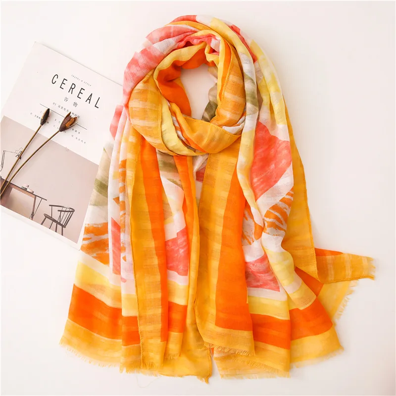 

Summer Cotton and Linen Geometric scarf Contrast Color Seaside Holiday Sunscreen Shawl Silk Scarf Beach Towel
