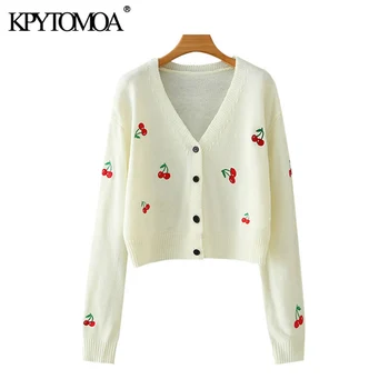 

KPYTOMOA Women 2020 Fashion Cherry Embroidery Cropped Knitted Cardigan Sweater Vintage Long Sleeve Female Outerwear Chic Tops