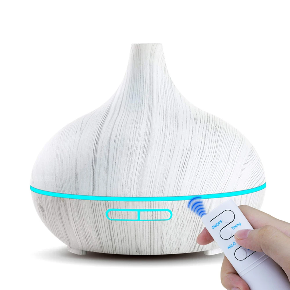 550ml Aroma Essential Oil Diffuser Ultrasonic Remote Control Humidifier Air Freshener Sleep 7 Colors LED Lights White Wood Grain - Color: White