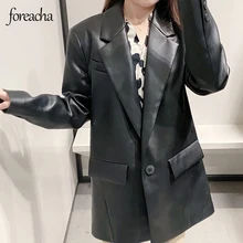 foreacha Autumn Winter New Leather Jacket Women Lapel One Button Black Clothing for Womens 2021 Streetwear Slim Blazer