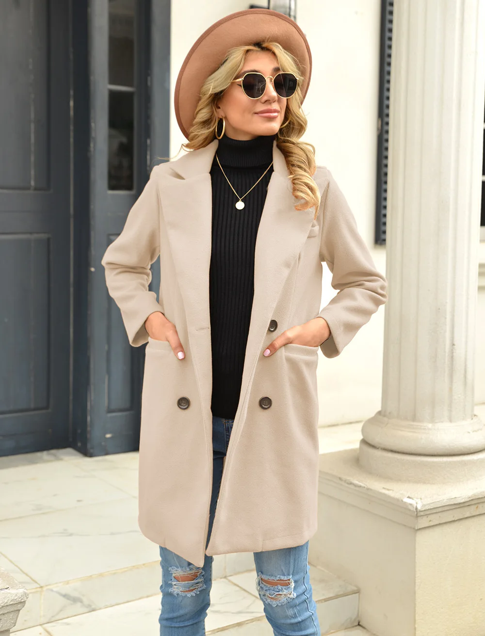Women's Autumn and Winter Long Lapel Woolen Woolen Coat