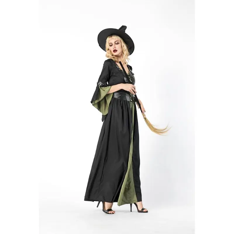 

Womens Sexy Faux Leather Buckle Witch Maxi Long Dress Halloween Masquerade Party Cross Lace Up Carnival Cosplay Costume with Hat
