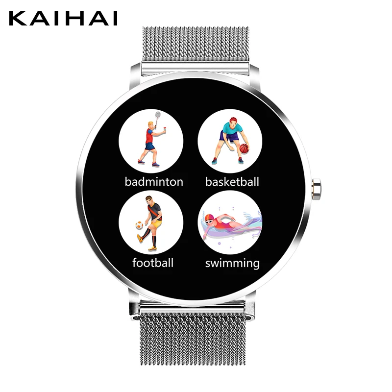 KAIHAI Смарт часы из закаленного стекла монитор сердечного ритма Smartwatch музыка секундомер сенсорный экран для телефона Android IP67 водонепроницаемый - Цвет: Silver watch