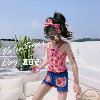 

Girls holiday set 2020 summer new children's plaid camisole tops casual shorts three-piece tide