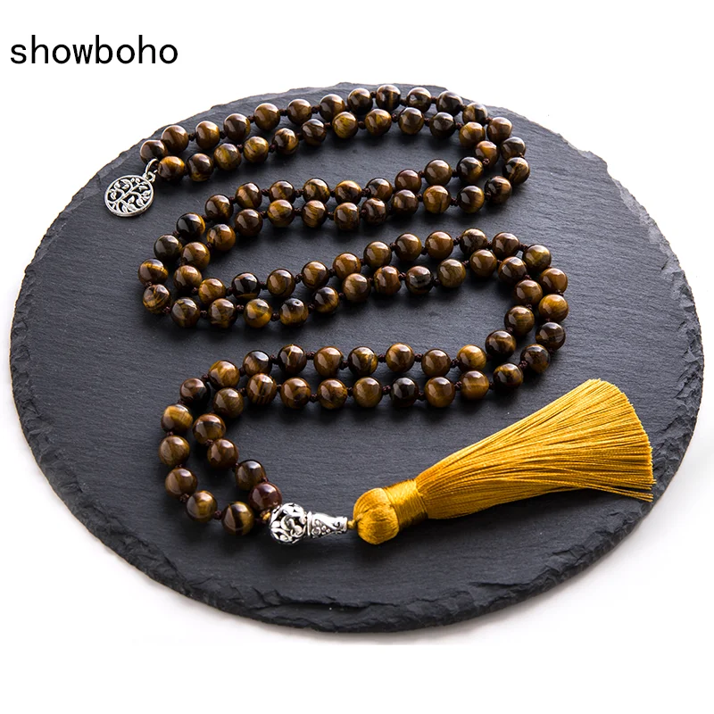 

8mm Natural Yellow Tiger Eye Knotted Mala Necklace Meditation Yoga Energy Jewelry 108 Japamala Beads Tassel Tree of Life Pendant