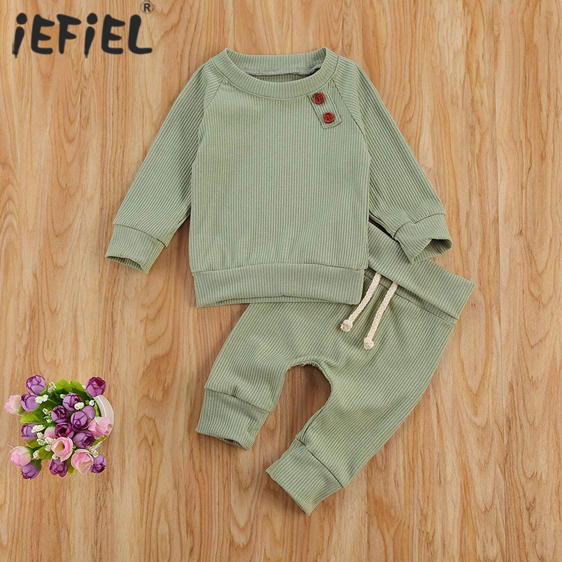 Autumn Toddler Baby Boys Girls Ribbed Knitted Pajamas Sets Long Sleeve T-shirt+Pants Trousers Girls Clothing Sleepwear Pyjamas
