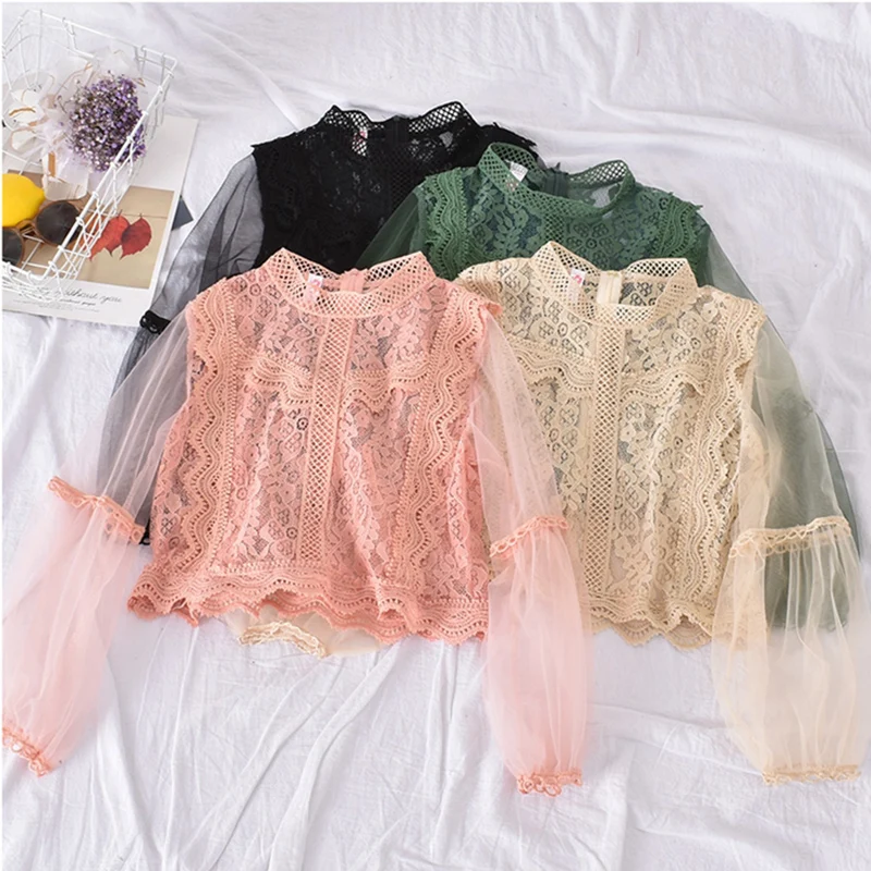 

New Arrival Ladies Mesh Lace Hook Flower Lantern Sleeve Loose Retro Short Pullover Blouse Shirts Women Fashion Cute Voile Suits