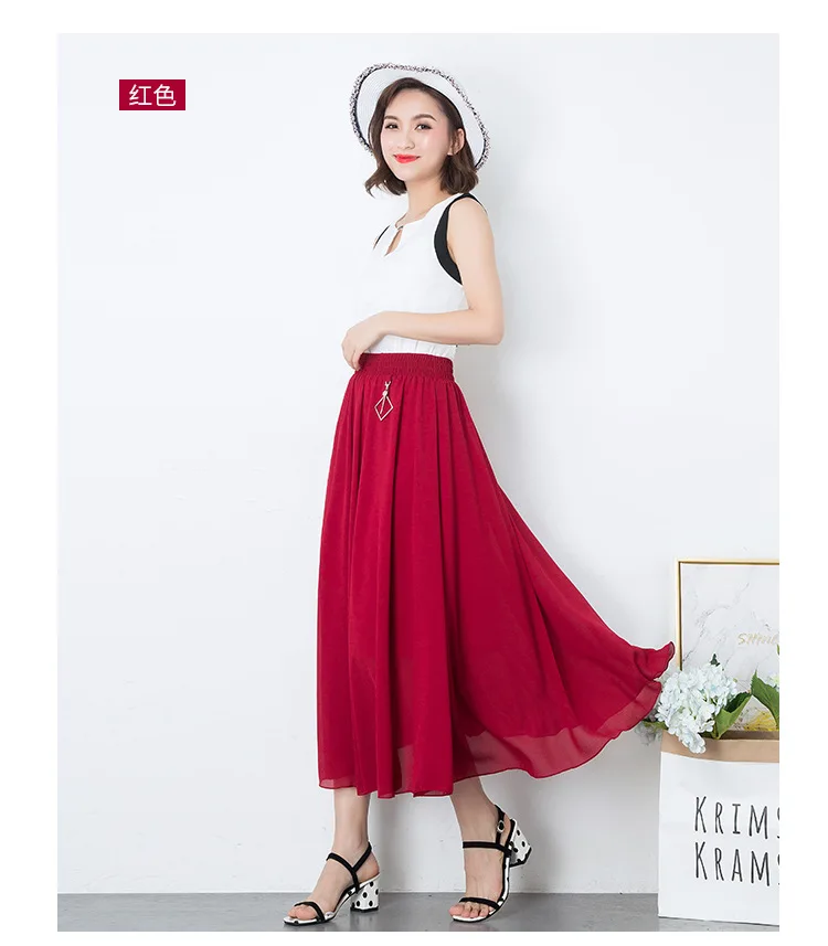 Korean Spring and summer women high waist pleated skirt womens large swing elastic waist thin beach skirts