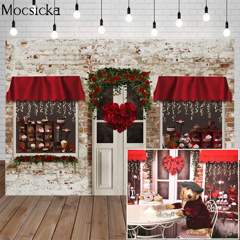 

Mocsicka Valentine's Day Rose Flower Shop Backdrop Dessert Shop Vintage Brick Wall Photography Background Photo Decorative Props