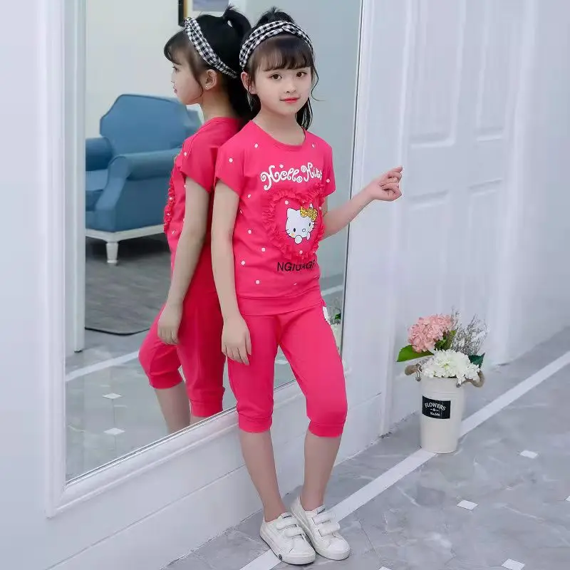thumbnail image 1 of Hello Kitty-Camiseta de manga corta de algodón para niña, traje con pantalones cortos, Top de dibujos animados bonitos y pantalones cortos deportivos, conjunto de dos piezas, 1 of 4