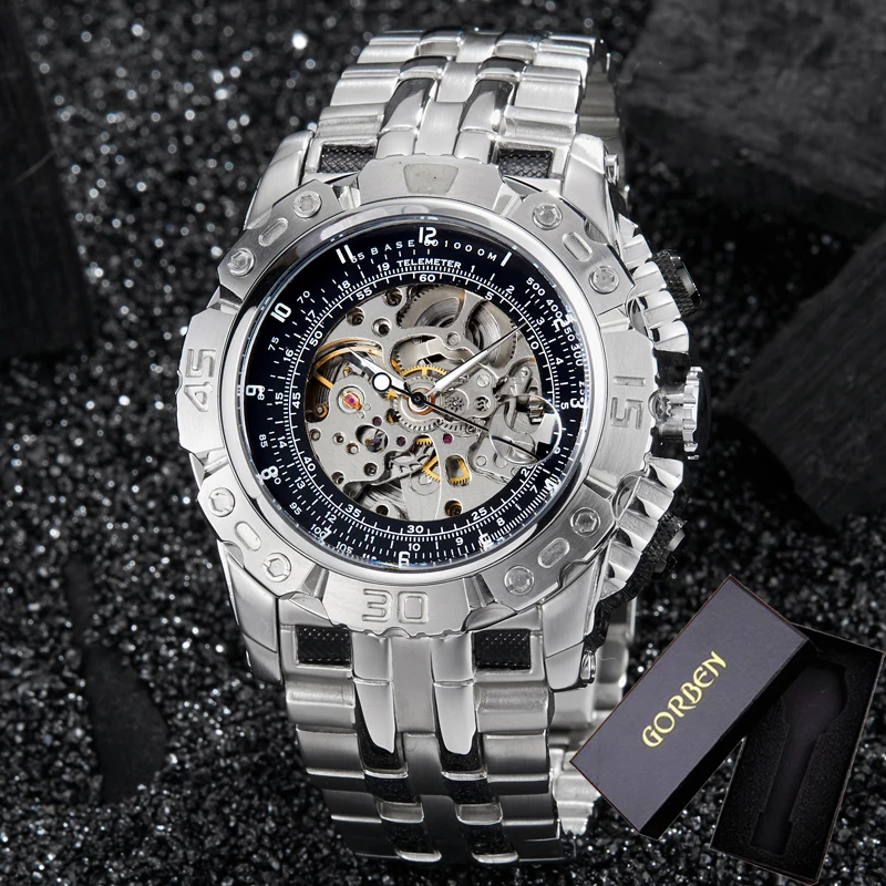 自動巻き時計 スケルトンダイヤル シルバー 自動巻き腕時計 スケルトンデザイン ゴールド&シルバーケース