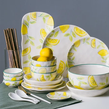 

Free shipping New Arrival Lemon Painted Creative Porcelain 18pcs 28pcs 58pcs Dining Bowls Chopsticks Plates Spoon Tableware Set