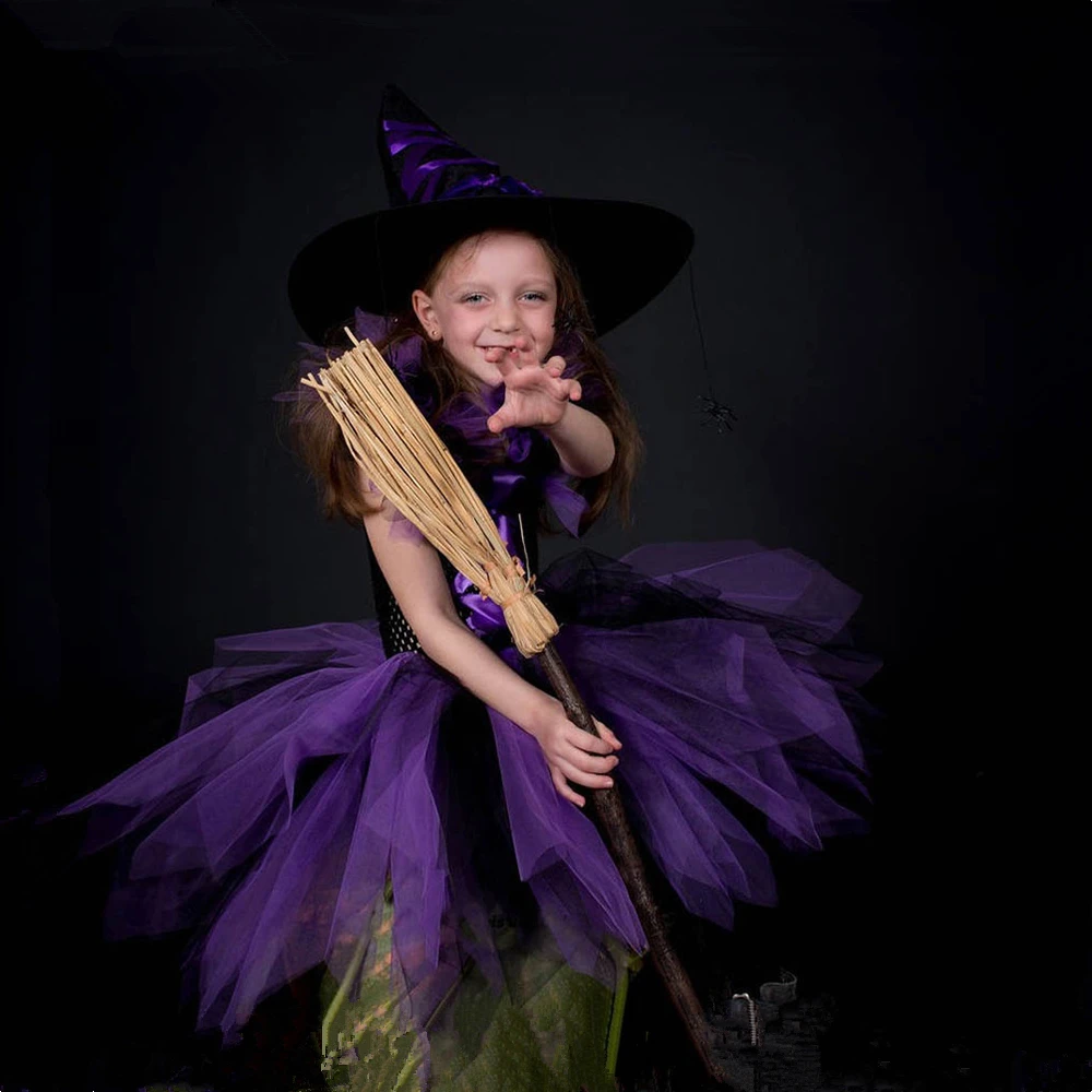 Фиолетовое, черное платье-пачка ведьмы для девочек с шляпой, Детский карнавальный костюм на Хэллоуин, одежда, фатиновое карнавальное платье для девочек