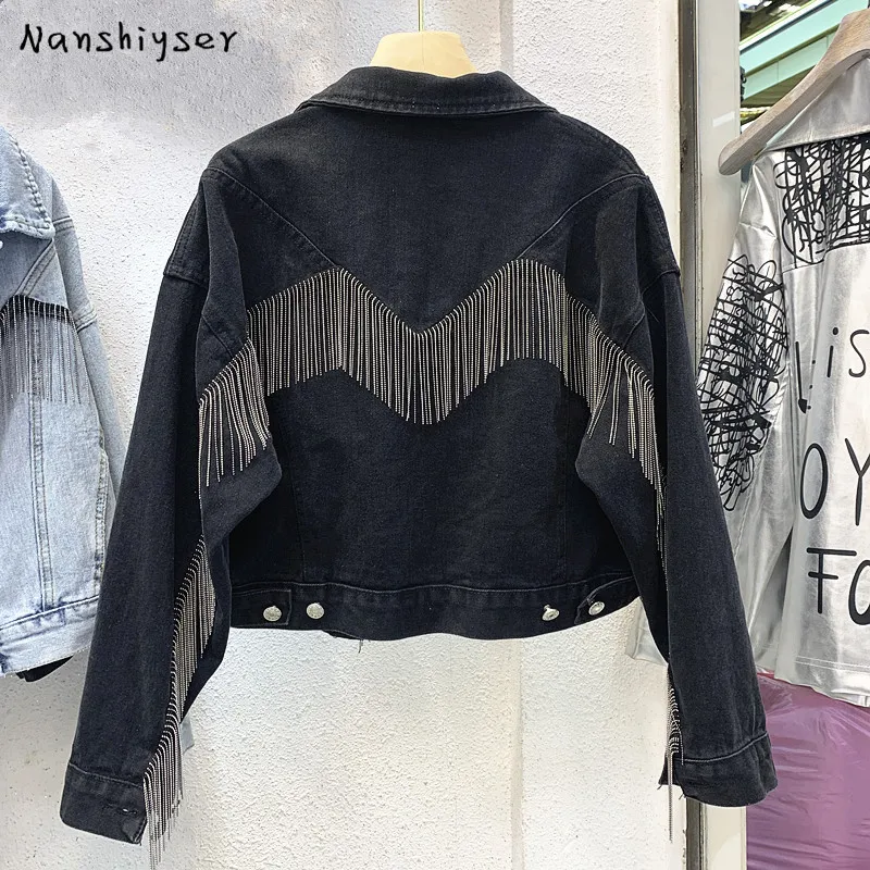 

Harajuku Short Denim jacket Women's 2020 Autumn New Chic Chain Tassel Loose High waist Jean coat Woman Black Students Outerwear