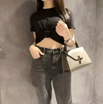 

Women bow short-sleeved T-shirt contrast stitching cropped Tee tops fashion wild