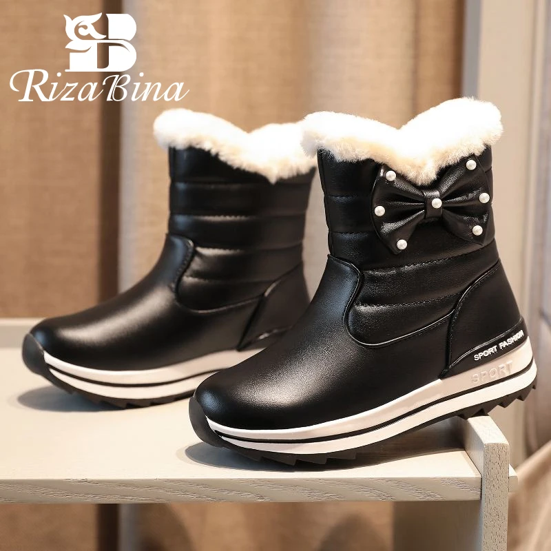 

RIZABINA Women Bowknot Thick Bottom Warm Winter Boots Flats Fur Snow Boots Daily Outdoor Casual Ankle Boots Footwear Size 31-42
