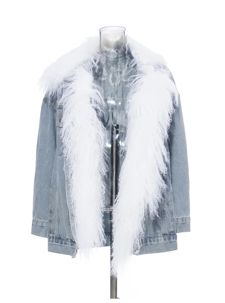 Новая мода зимние RhinestoneTassel нагрудные с длинным рукавом Однобортный карманы толстые Свободные джинсовая куртка, пальто Для женщин Q228
