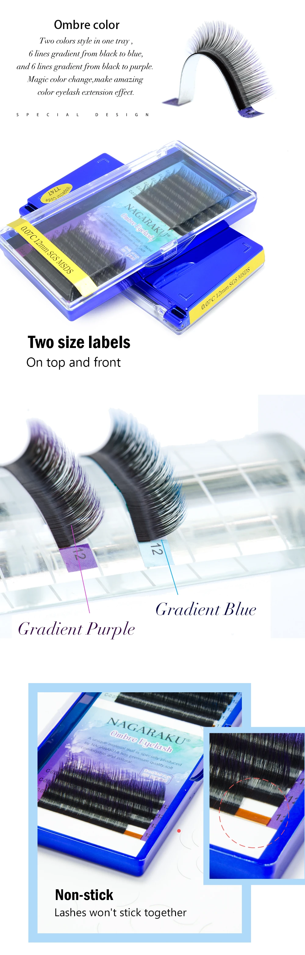 NAGARAKU 10 cases Ombre Color Purple blue Gradient rainbow color Individual eyelashes 0.07C eyelash extensions Premium soft mink