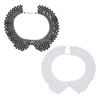 

Ethnic Handmade Woven Beading False Collar Imitation Pearl Jewelry Women Bib Choker Necklace Romantic Blouse Decorative Costume