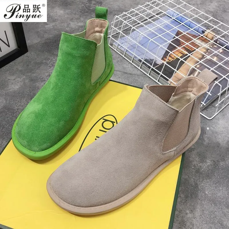 

Retro Women's Shoes Female Cow Suede Leather Matte Flat Heels Casual Chelsea Ankle Boots Candy Colors Preppy Style Boots