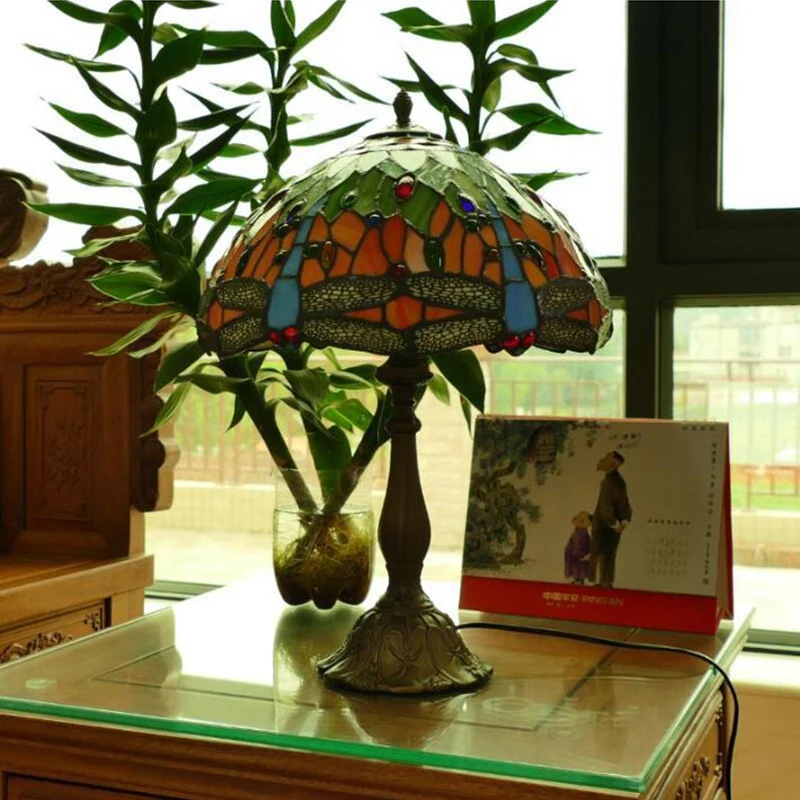 WOERFU 30 см настольная лампа Тиффани E27 Стрекоза стиль спальни прикроватная лампа креативная Мода ретро настольная лампа