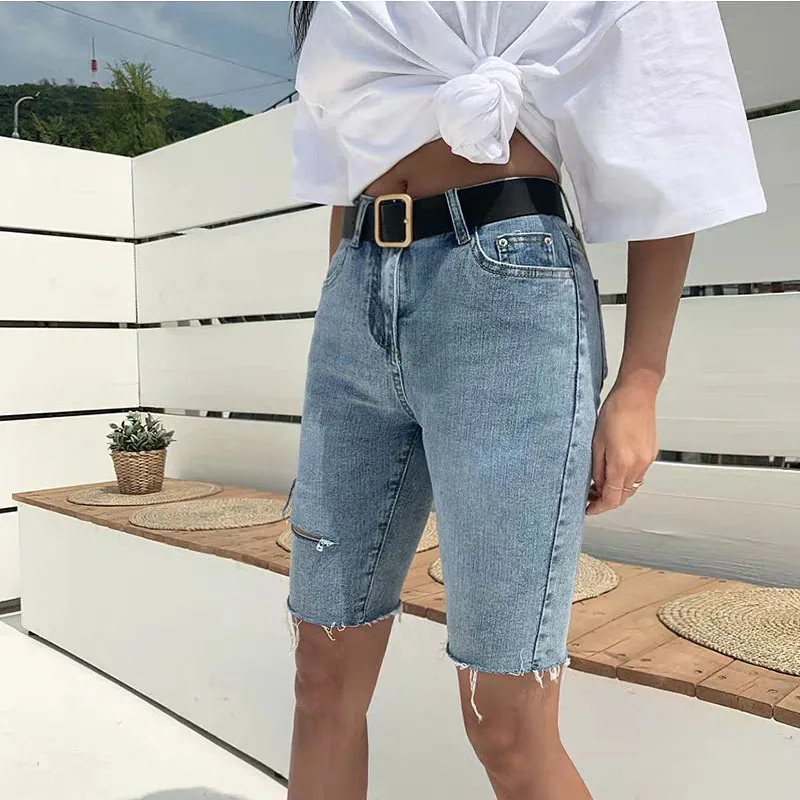 Genayooa Streetwear Shorts Women Jeans Denim Knee Length Korean High Waisted Shorts High Waisted Shorts Women Fitness Summer