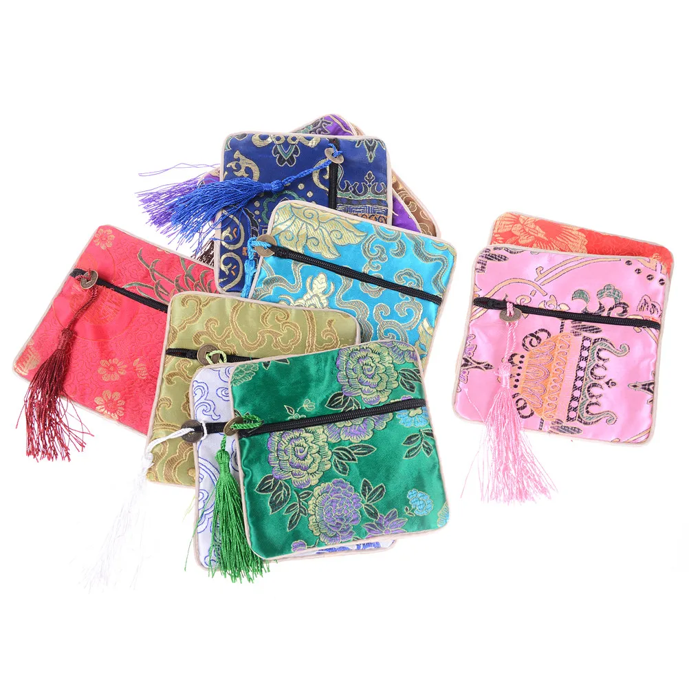 

1PC Tassel Rectangle Zipper Gift Bag Coin Purse Chinese Style Silk Brocade Jewelry Necklace Trinket Comb Cosmetic Storage Pouch