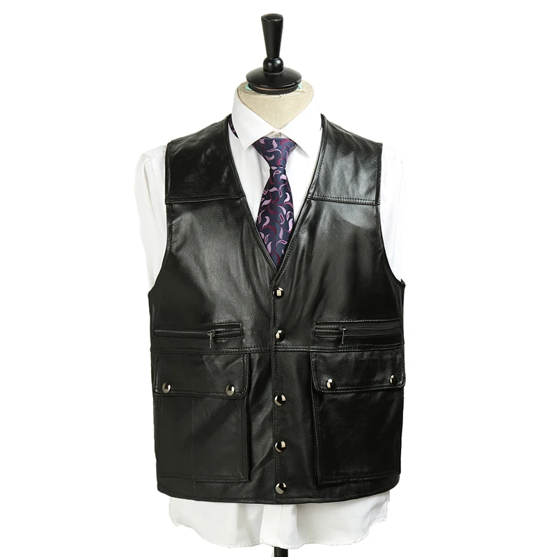 2021 Men's Sheepskin V-neck Vest Multi-Pockets Casual Leather |