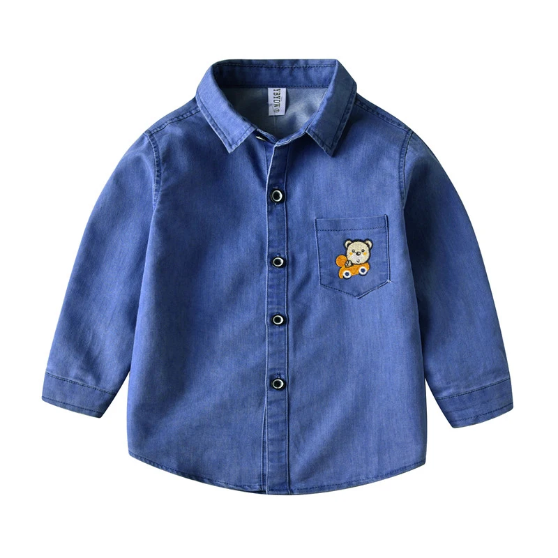 Весенне-осенняя модная детская рубашка для мальчиков с вышитыми героями мультфильмов; детская блузка для мальчиков; Повседневная джинсовая рубашка с длинными рукавами; топ; детская одежда