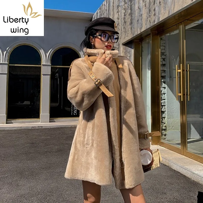 

Корейские модные зимние новые брендовые свободные пальто средней длины, Роскошные пальто с отворотом и овцами, пальто с натуральным мехом размера плюс