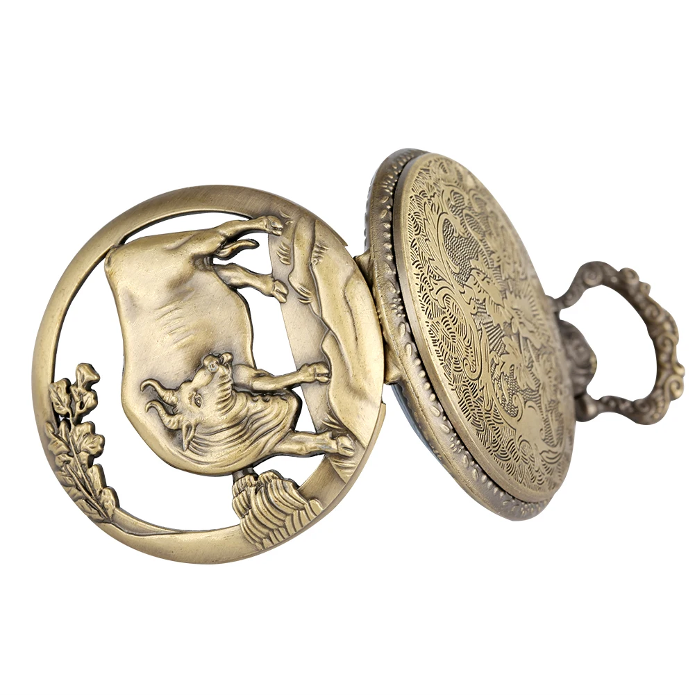 Bronze Chinese Zodiac Cow Quartz Pocket Watch Half Hunter Old Fashioned Necklace Fob Chain Antique Collection Clock Unisex