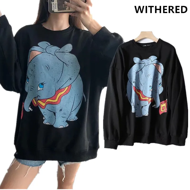  Withered winter BTS sweatshirt women high street cartoon Elephant print o-neck oversize loose terry