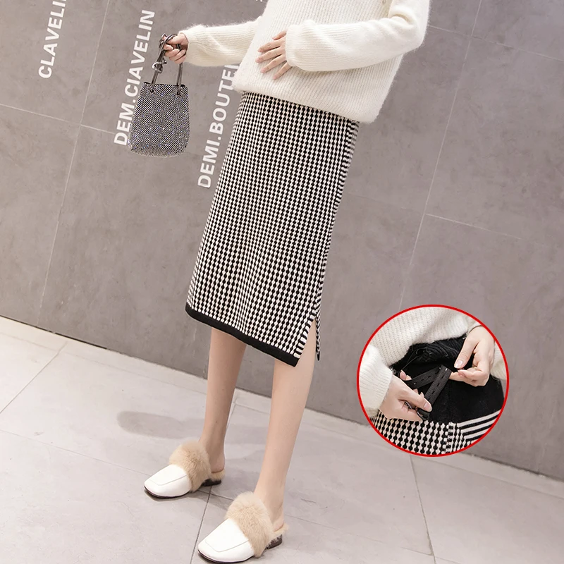 Pregnant Women Knitted Skirts Side Split Mid-Calf Maternity Plaid Belly Skirts Fashion Printing Pregnancy Empire Pencil Skirts