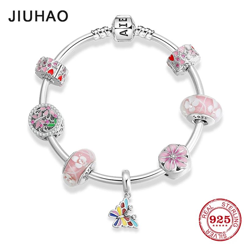 Романтические Розовые эротические 925 пробы серебряные натуральные цветочные бабочки стеклянные бусы, амулеты, Подвески, модный браслет, роскошные ювелирные изделия