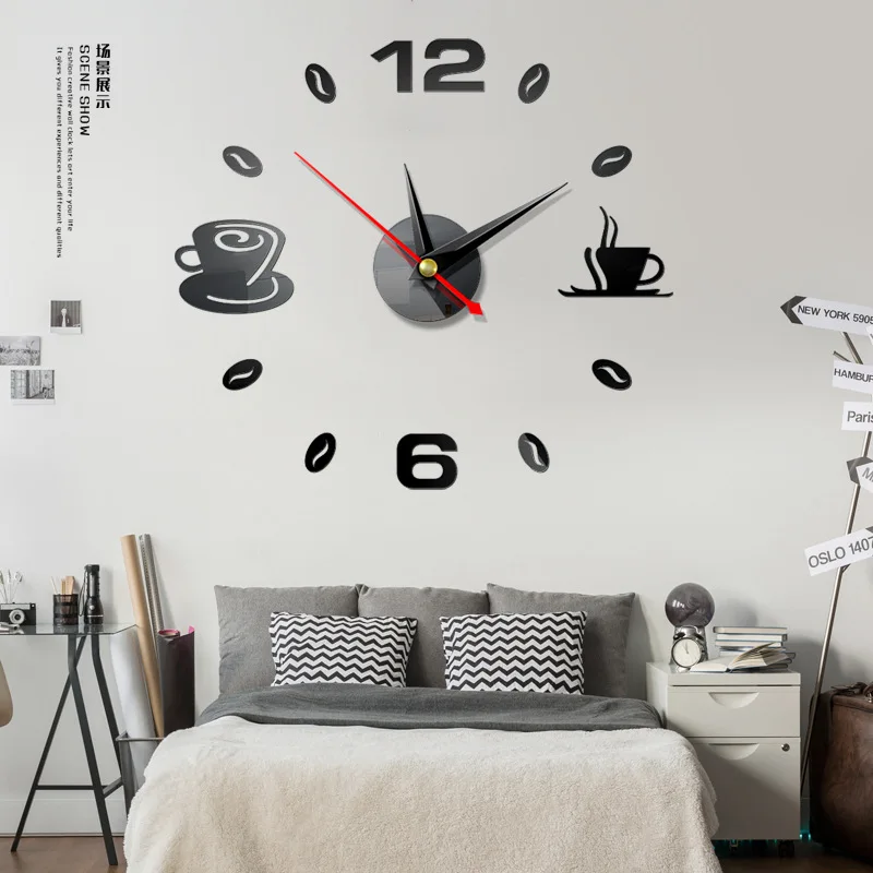 DIY домашний на стену с изображением чашечки кофе часы 3D акриловое зеркало настенная наклейка часы подходит для кухни ресторана искусство настенные украшения