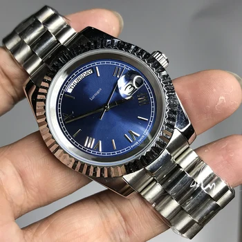

Luxury Brand Blue dial Silver Classic men 36mm mechanical glide smooth watch 2813 movement Day Date model AAA watches