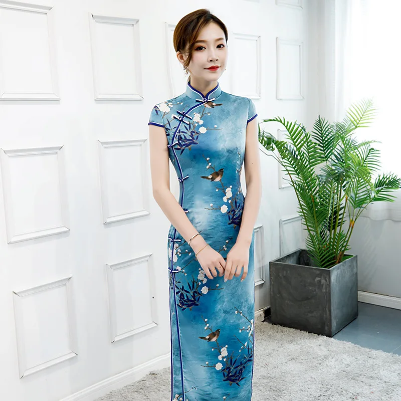 Китайский стиль длинное цветочное китайское традиционное платье Ретро Cheongsam ручной работы Кнопка Qipao размер M-3XL