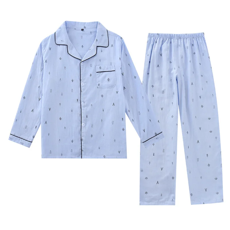 2020 New Men's Long Sleeve Cotton Pajamas Turn-down Collar Elastic Waist Nightwear Thin Casual Men Sleepwear Home Sleeping Suits