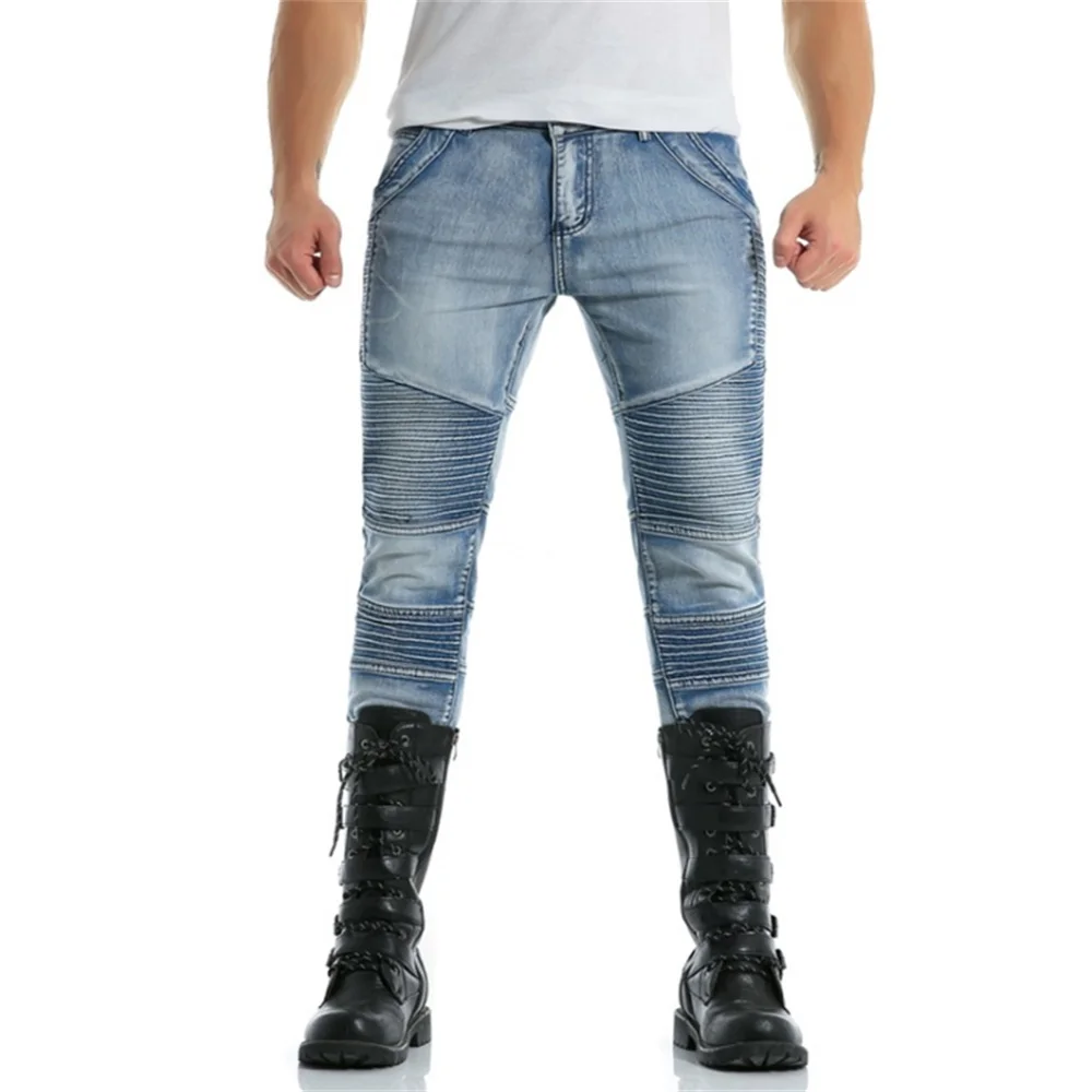 EH · MD® Stitching Jeans Men's Skin-tight Washed Slim-fit Three-dimensional Pleated High-elastic Solid Color Small Feet Black