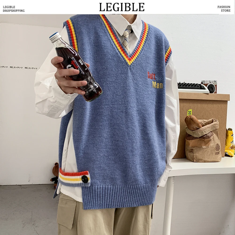 LEGIBLE-Chaleco jersey con cuello en V para hombre, suéteres sueltos de punto, chaleco sin mangas, ropa informal Coreana de invierno