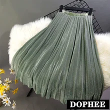 Яркие шелковые средней длины женские плиссированные юбки сплошной цвет Весна Лето Высокая талия трапециевидная юбка