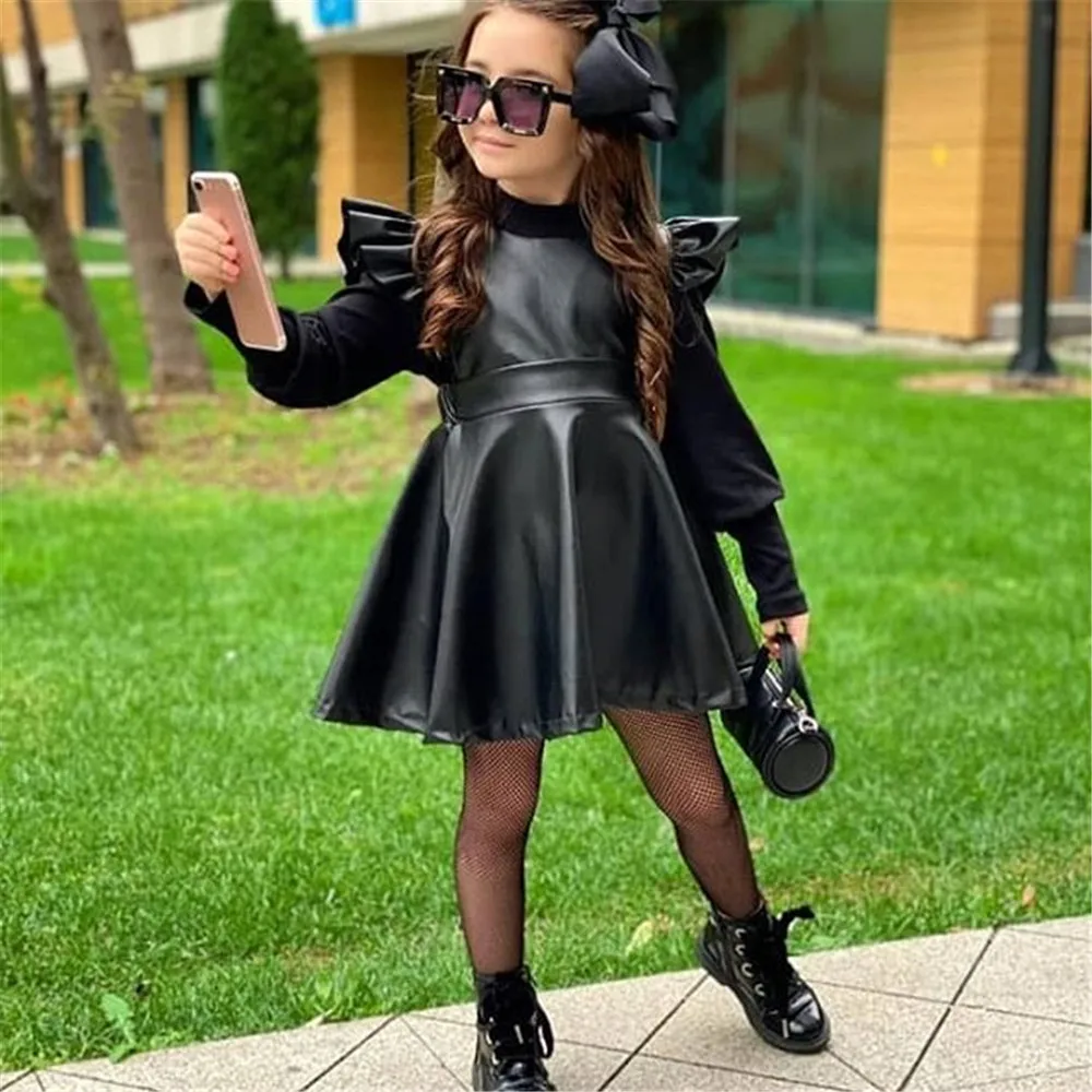 WenaZao Toddler Kids Baby Girls Spring Autumn Overall Black Faux Leather Ruffles Short Sleeve Backless Suspender Princess Dress | Детская