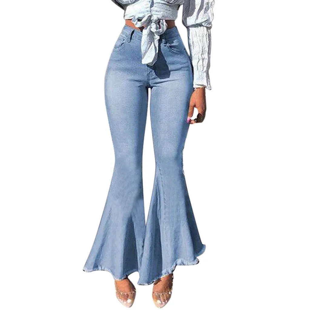 Элегантные женские джинсы с карманами на молнии и пуговицами, повседневные джинсовые расклешенные широкие брюки, пикантные женские брюки с оборками и высокой талией - Цвет: LB