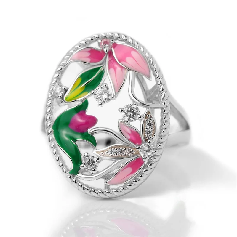 Богемский красочный цветок эмаль серебро набор украшений для женщин выдалбливают кубического циркония камень кольцо, серьги, ожерелье ювелирный набор