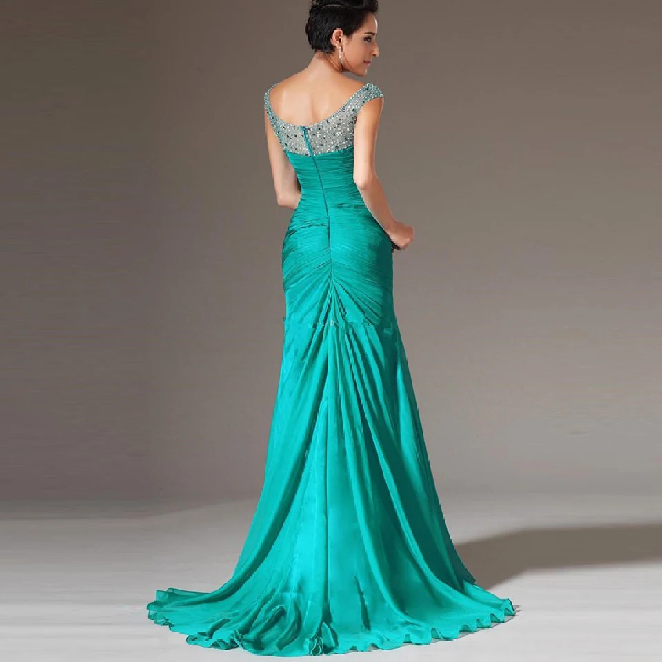 Дешевое вечернее платье Русалка 20219 для вечеринки с бусинами зеленое шифоновое