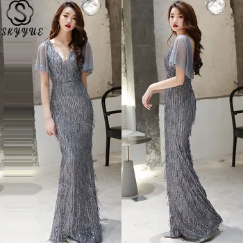 

Skyyue Mermaid Formal Dress Short Sleeve Sequined Evening Dress 2020 K030 Plus Size V-Neck Zipper Floor Length Dress