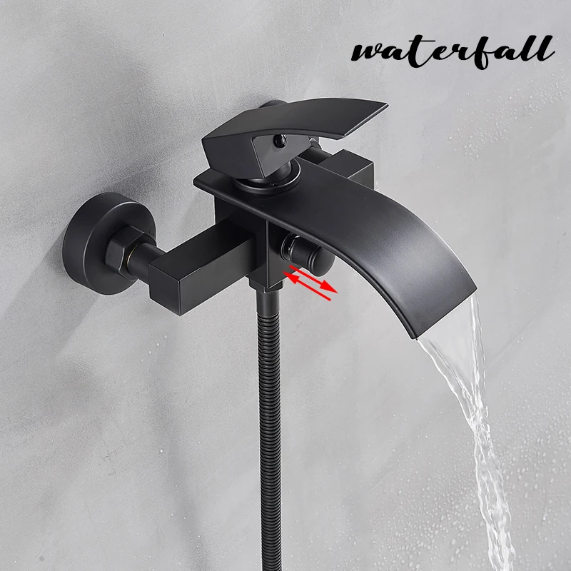 ULGKSD Black Bathtub Faucet Set Waterfall Spout Solid Brass Hot Cold Mixer Tap Bath Shower Faucet Wall Mounted Bathroom Faucet 2