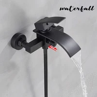 ULGKSD Black Bathtub Faucet Set Waterfall Spout Solid Brass Hot Cold Mixer Tap Bath Shower Faucet Wall Mounted Bathroom Faucet 2