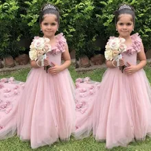 Новинка; Розовое Бальное Платье; Платья с цветочным узором для девочек; пышные платья для девочек ручной работы с цветочным рисунком и шлейфом; платья для дня рождения