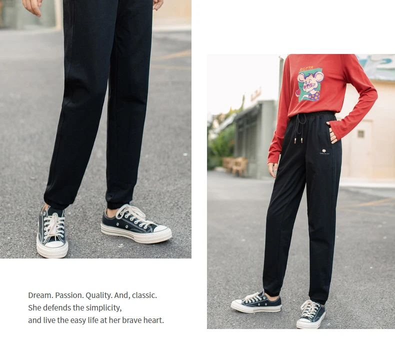 INMAN 2020 Autumn New Arrival Drawstring Elastic Waist Cotton Embroidery Micro-elastic Pencil Trousers